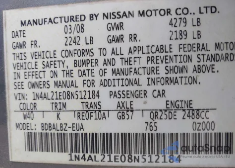 2008 Nissan Altima 2.5 S from USA, damaged, VIN 1N4AL21E08N512184